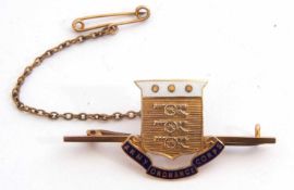 Army Ordnance Corps brooch, blue and white enamel detail, stamped 9ct, 4.5cm long, 3.4gms g/w