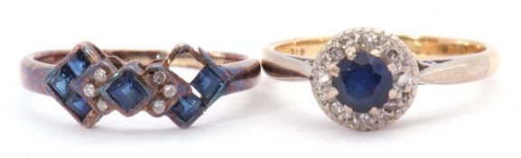 Mixed Lot: 18c stamped blue stone and diamond cluster ring, size K/L, together with a 375 stamped