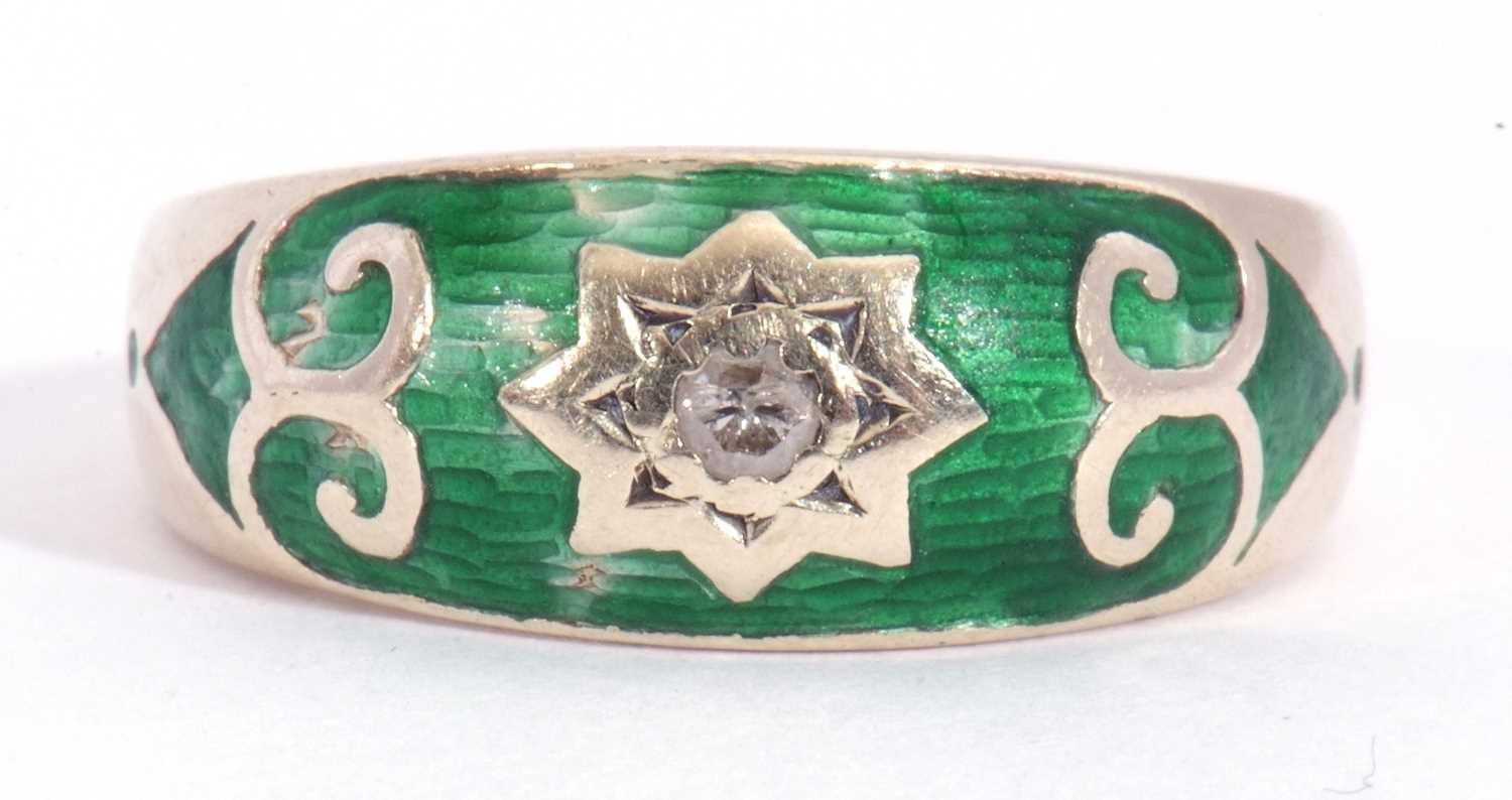 9ct gold green enamel and diamond ring centring a small diamond in a star engraved setting, within a - Image 2 of 7