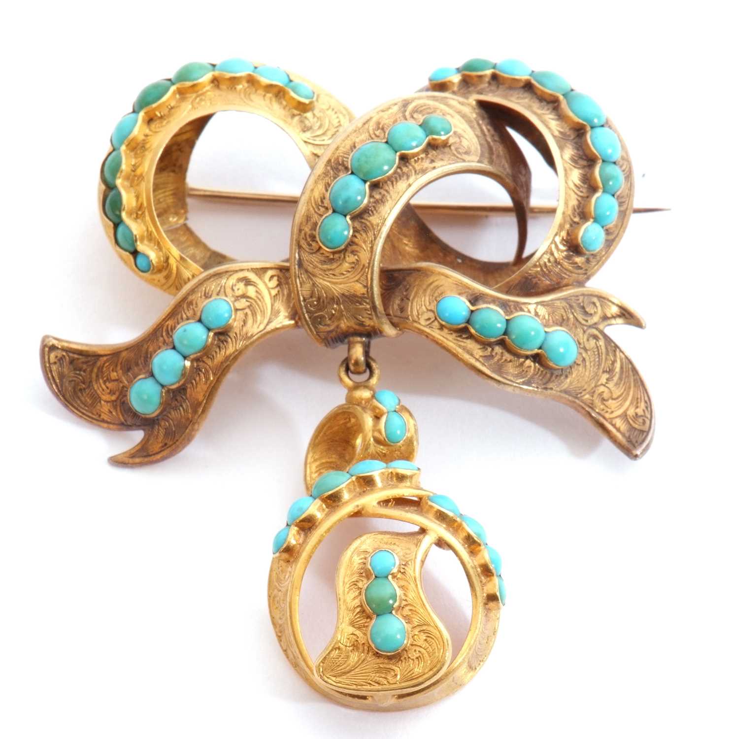Antique gold and turquoise brooch, a tied ribbon design suspending a knotted ribbon, set - Image 2 of 3