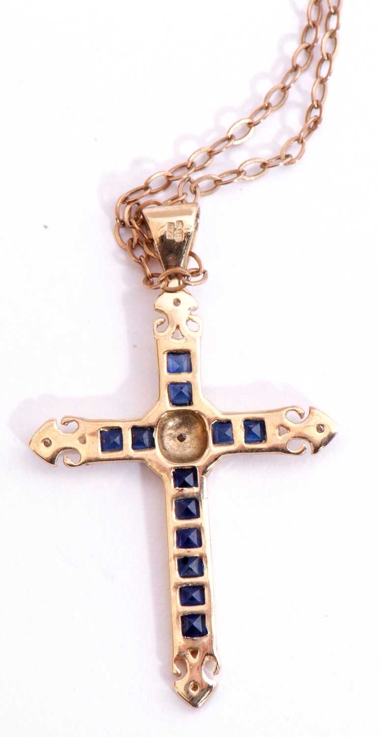 9ct gold sapphire and diamond cross pendant, 3.5 x 2cm, the cross set with calibre cut pave - Image 3 of 4