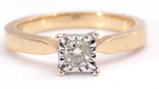 Single stone diamond ring featuring a round brilliant cut diamond, 0.15ct approx, raised in a box