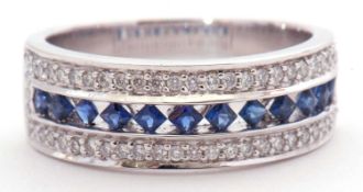 Modern 18ct gold white gold, sapphire and diamond half-hoop ring, a design featuring a row of square