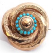 Victorian gold and turquoise set brooch of scroll design, the central faceted bead within a