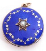 Blue enamel locket of circular form centring a small seed pearl in an applied star setting within