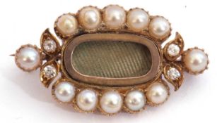 Victorian seed pearl and diamond mourning brooch of oval shape, decorated with seed pearls and