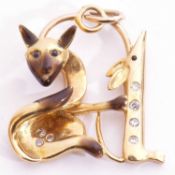 Stylised cat and mouse pendant set with small diamonds and enamel detail, stamped 585, maker's