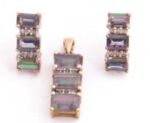 Modern 9ct gold, diamond and mystic topaz pendant and matching earrings