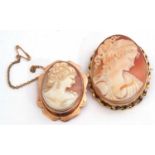 Mixed Lot: two carved shell cameo brooches of oval form, with classical ladies, both framed in 9ct