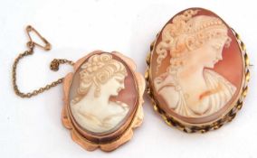 Mixed Lot: two carved shell cameo brooches of oval form, with classical ladies, both framed in 9ct