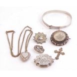 Mixed Lot: sterling stamped bracelet, a white metal heart locket, two brooches etc