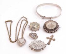 Mixed Lot: sterling stamped bracelet, a white metal heart locket, two brooches etc