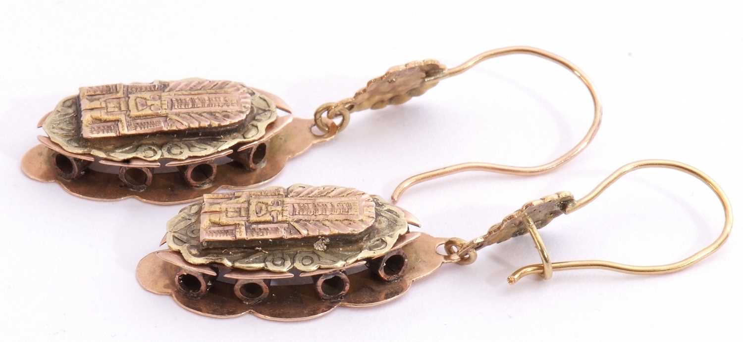 Pair of two-tone coloured pendant earrings in Egyptian style with shepherd hook fittings, stamped - Image 2 of 3