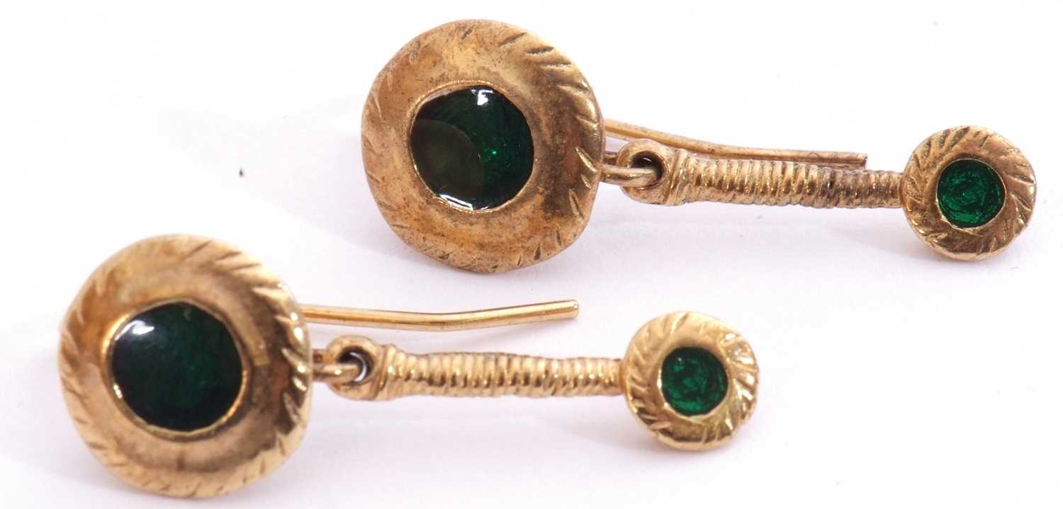 Pair of Italian yellow metal drop earrings, a disc design, the centres with an iridescent green - Image 3 of 4