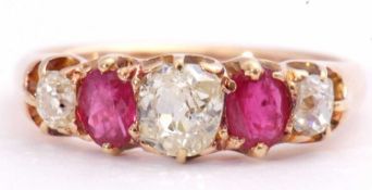 Antique ruby and diamond five stone ring, alternate set with three graduated old cut diamonds, 0.