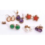 Mixed Lot: six pairs of modern earrings to include cameo, amethyst, chalcedony etc