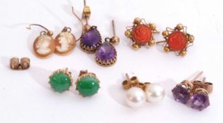 Mixed Lot: six pairs of modern earrings to include cameo, amethyst, chalcedony etc