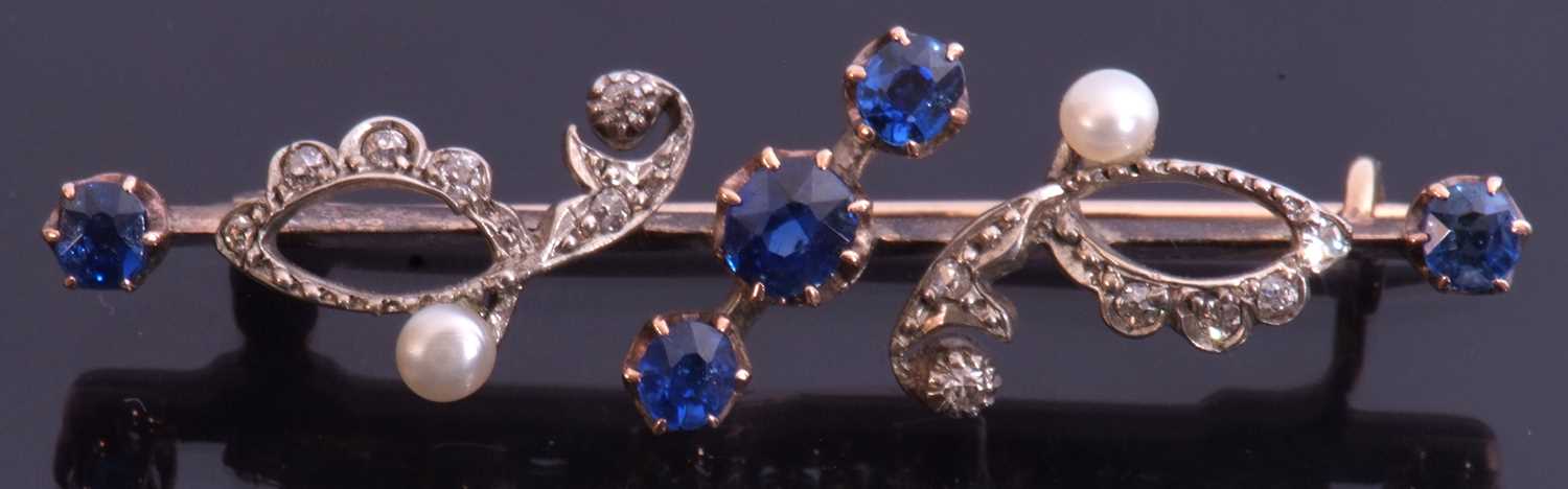 Sapphire, diamond and seed pearl brooch of open work design featuring five round cut sapphires and - Image 2 of 3