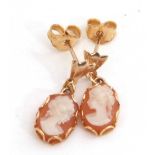 Modern pair of small cameo pendant earrings, classical profiles of young ladies, post fittings,