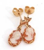 Modern pair of small cameo pendant earrings, classical profiles of young ladies, post fittings,