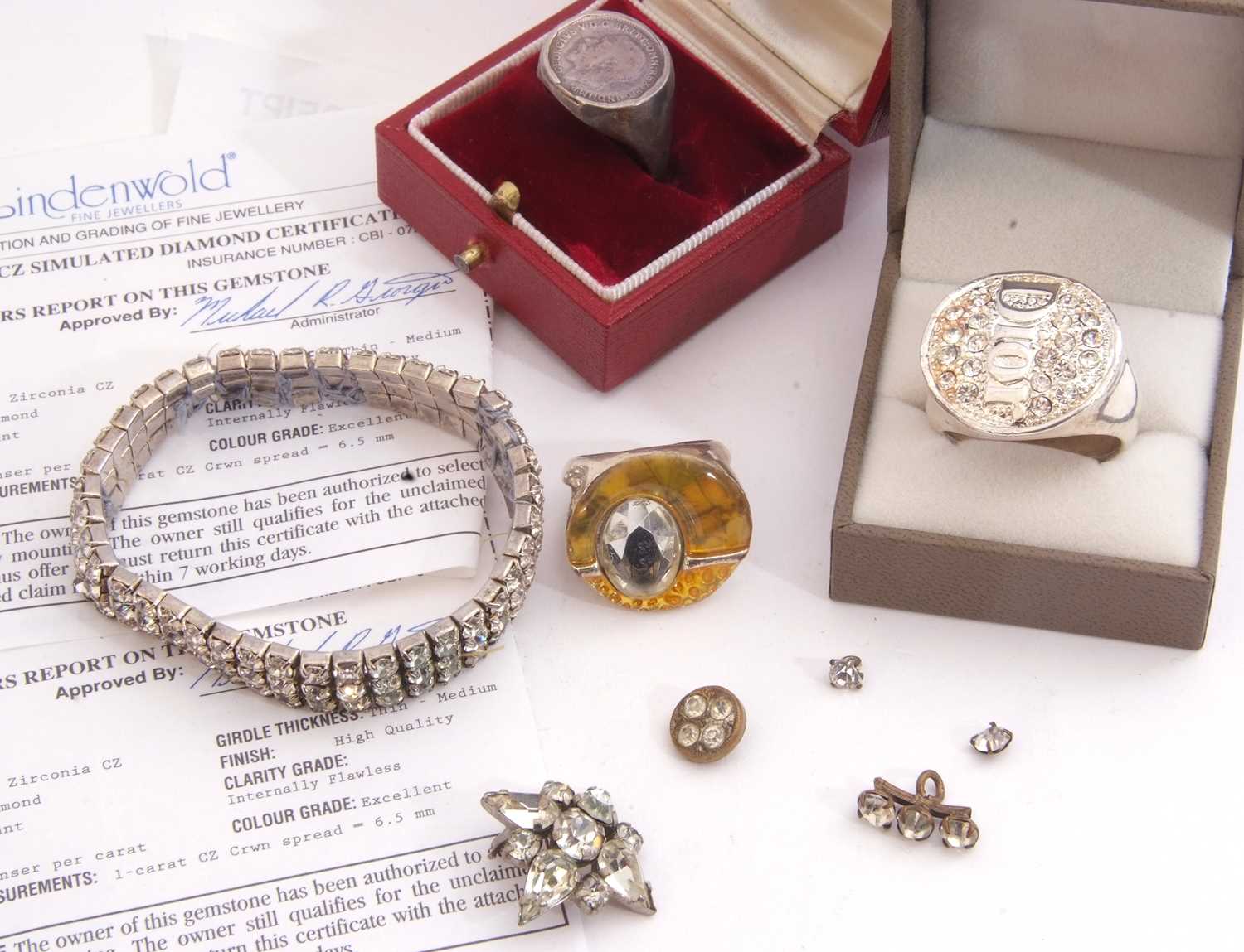 Mixed Lot: two certificated cubic zirconia stones, two large dress rings, one marked 'Dior', a - Image 3 of 4