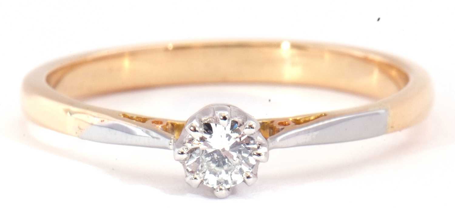 Single stone diamond ring featuring a round brilliant cut diamond of 0.15ct approx, multi-claw set