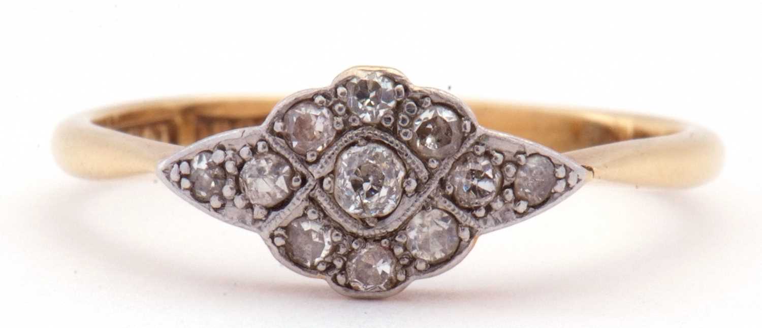 Antique diamond cluster ring, the oval shaped plaque set with nine graduated old cut diamonds, the - Image 2 of 7