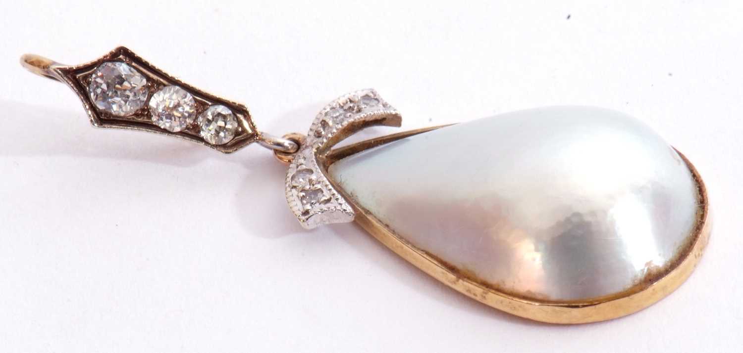 Nacre shell and diamond set pendant, the drop shell pendant framed in a 9ct gold mount, London 1982, - Image 2 of 4