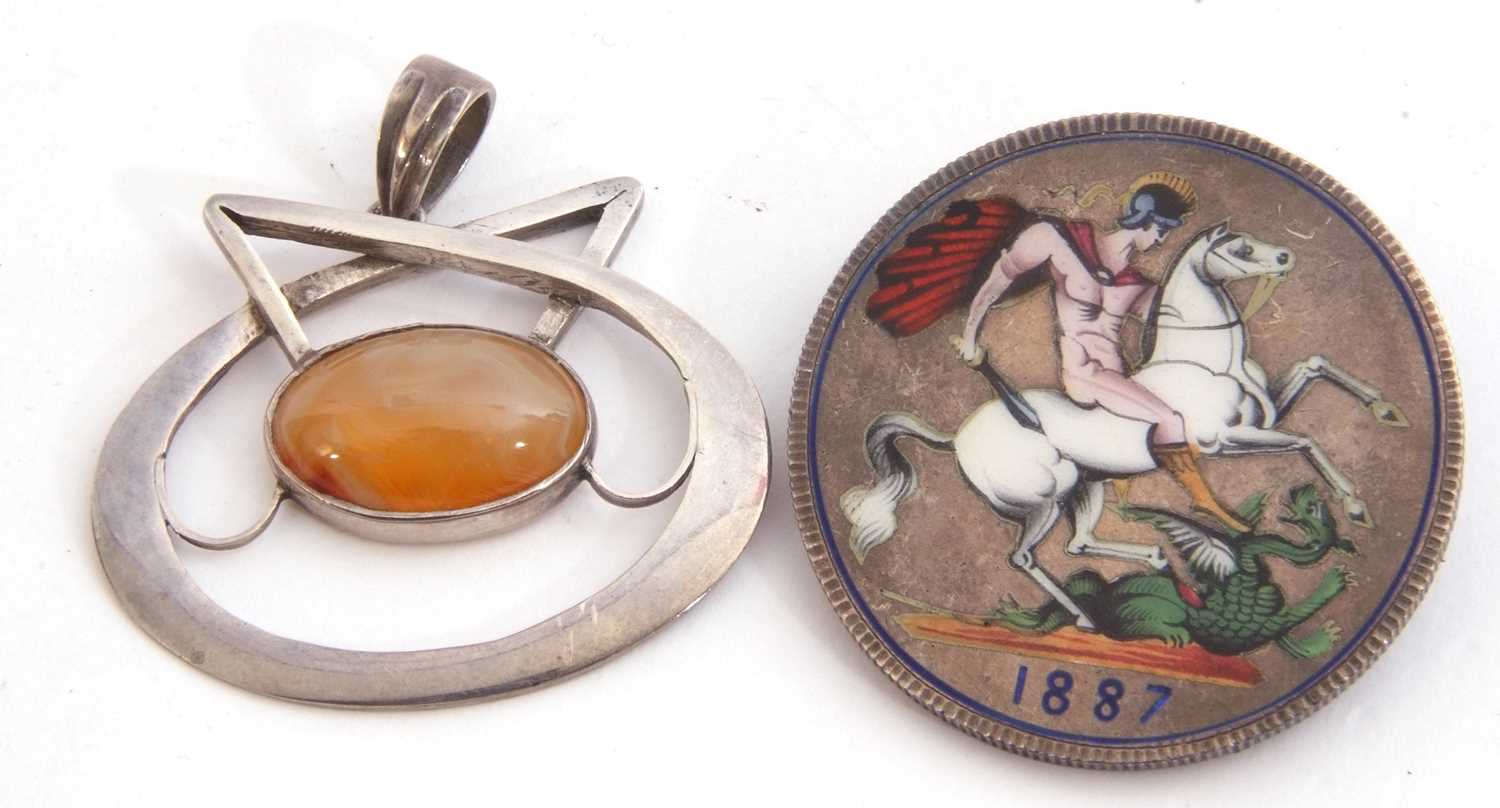 Mixed Lot: Victorian enamelled coin brooch enamelled with St George and the Dragon dated 1887,