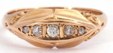 Antique 18ct gold five stone diamond ring, boat shaped and set with five small graduated mixed old