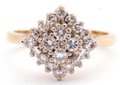 18ct gold diamond cluster ring of diamond shape, featuring 20 round brilliant cut diamonds, 1ct