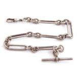 Hallmarked silver watch chain, trombone and small round link design, T-bar and clip fitting, 29cm