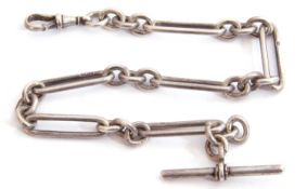 Hallmarked silver watch chain, trombone and small round link design, T-bar and clip fitting, 29cm