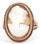 9ct gold cameo ring, the oval cameo panel depicting head and shoulders profile of a lady in rub-over