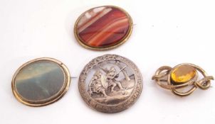 Mixed Lot: antique agate oval brooch, Victorian gilt metal and yellow stone brooch, further large