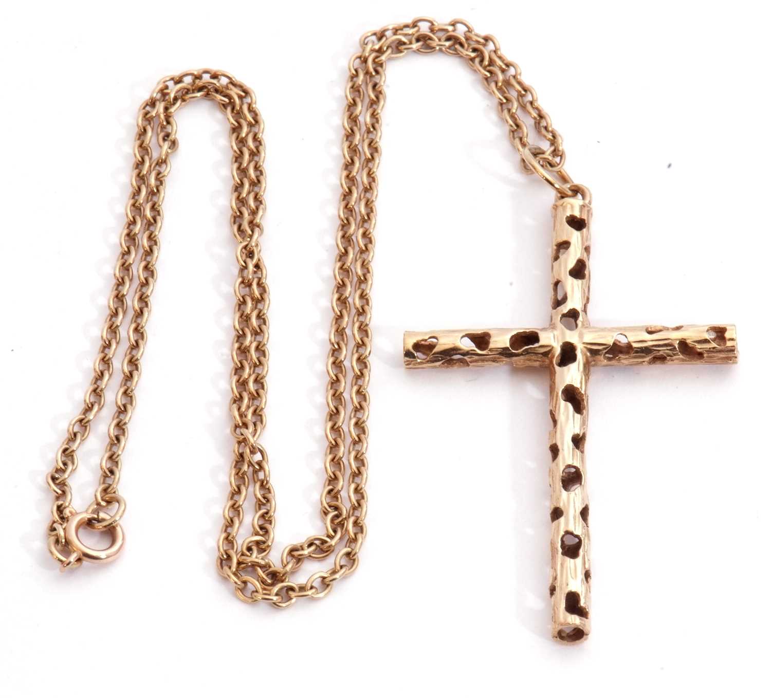9ct gold cross pendant, a hollow pierced textured design, 5 x 3cm, London 1979, suspended from a