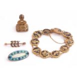 Mixed Lot: Victorian gilt metal seal, a yellow metal pin brooch centring a seed pearl set