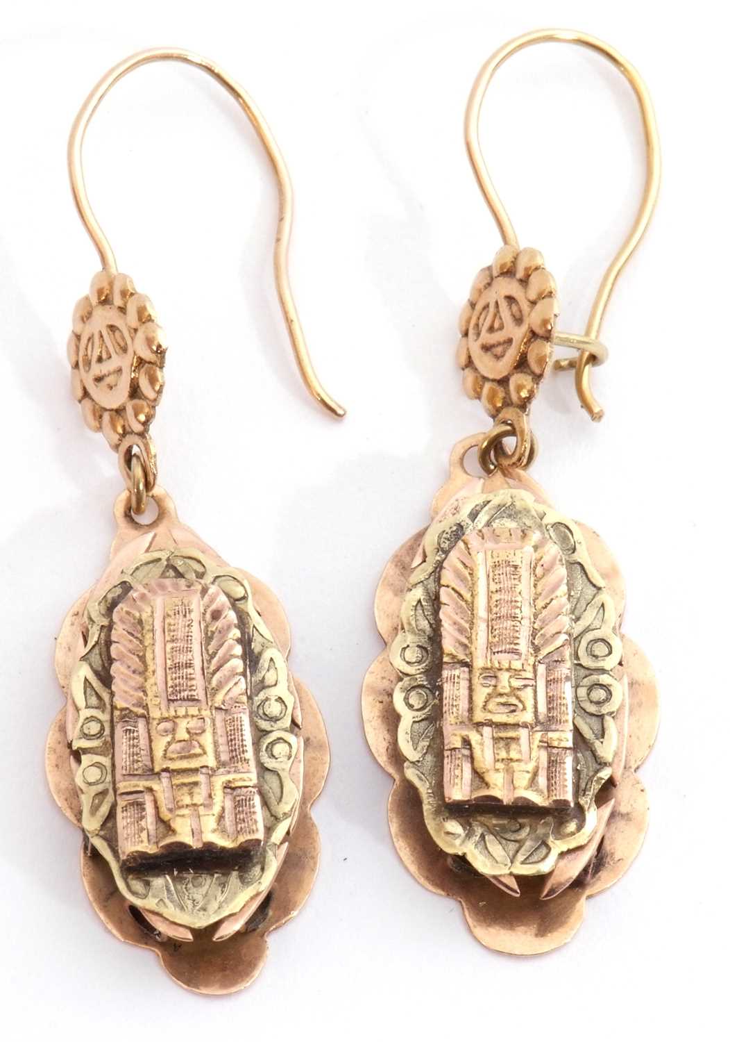 Pair of two-tone coloured pendant earrings in Egyptian style with shepherd hook fittings, stamped