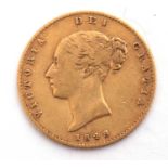 Victorian half sovereign, dated 1848, young head and shield back