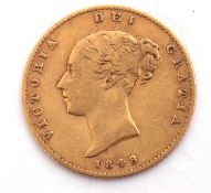 Victorian half sovereign, dated 1848, young head and shield back