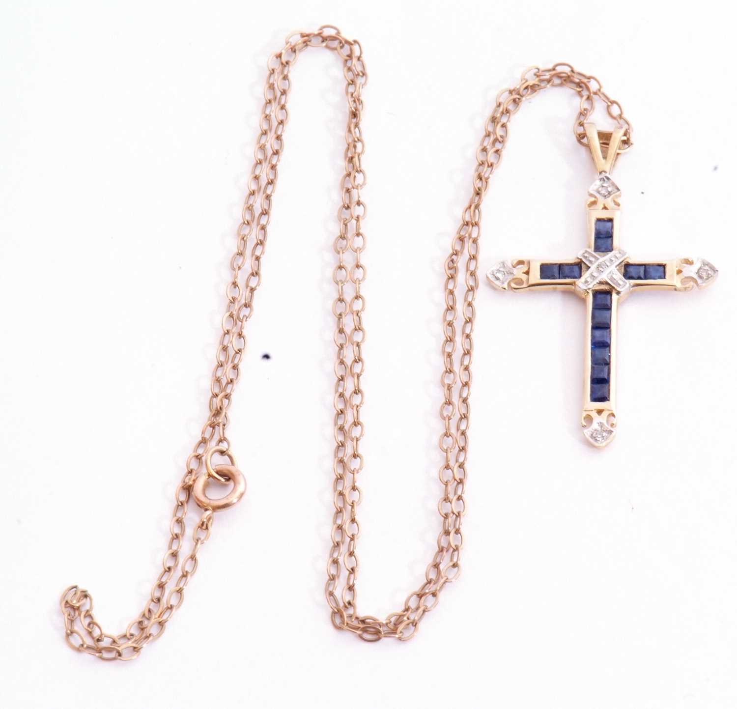 9ct gold sapphire and diamond cross pendant, 3.5 x 2cm, the cross set with calibre cut pave - Image 4 of 4