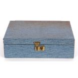 Blue jewellery box and contents to include earrings, brooches, necklaces etc