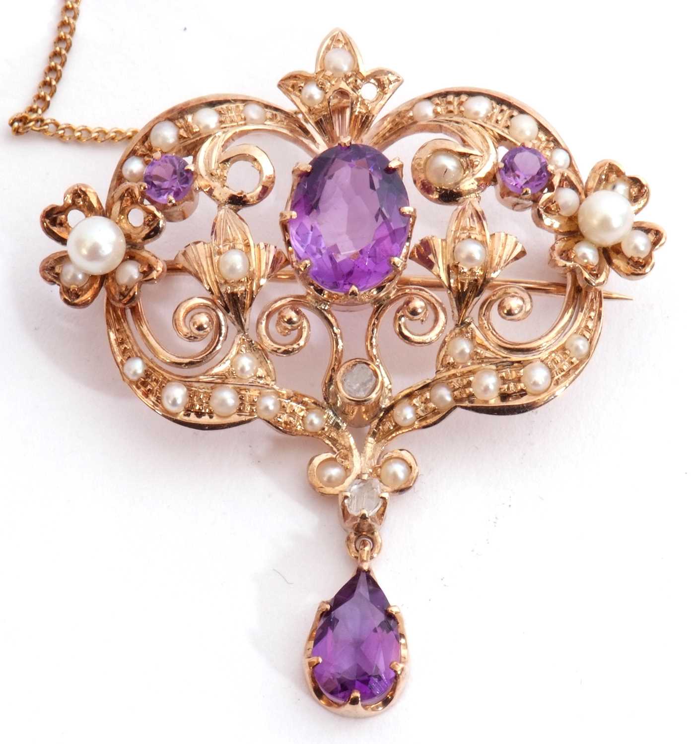 Amethyst, pearl and diamond open work brooch/pendant centring an oval faceted amethyst raised in - Image 4 of 4