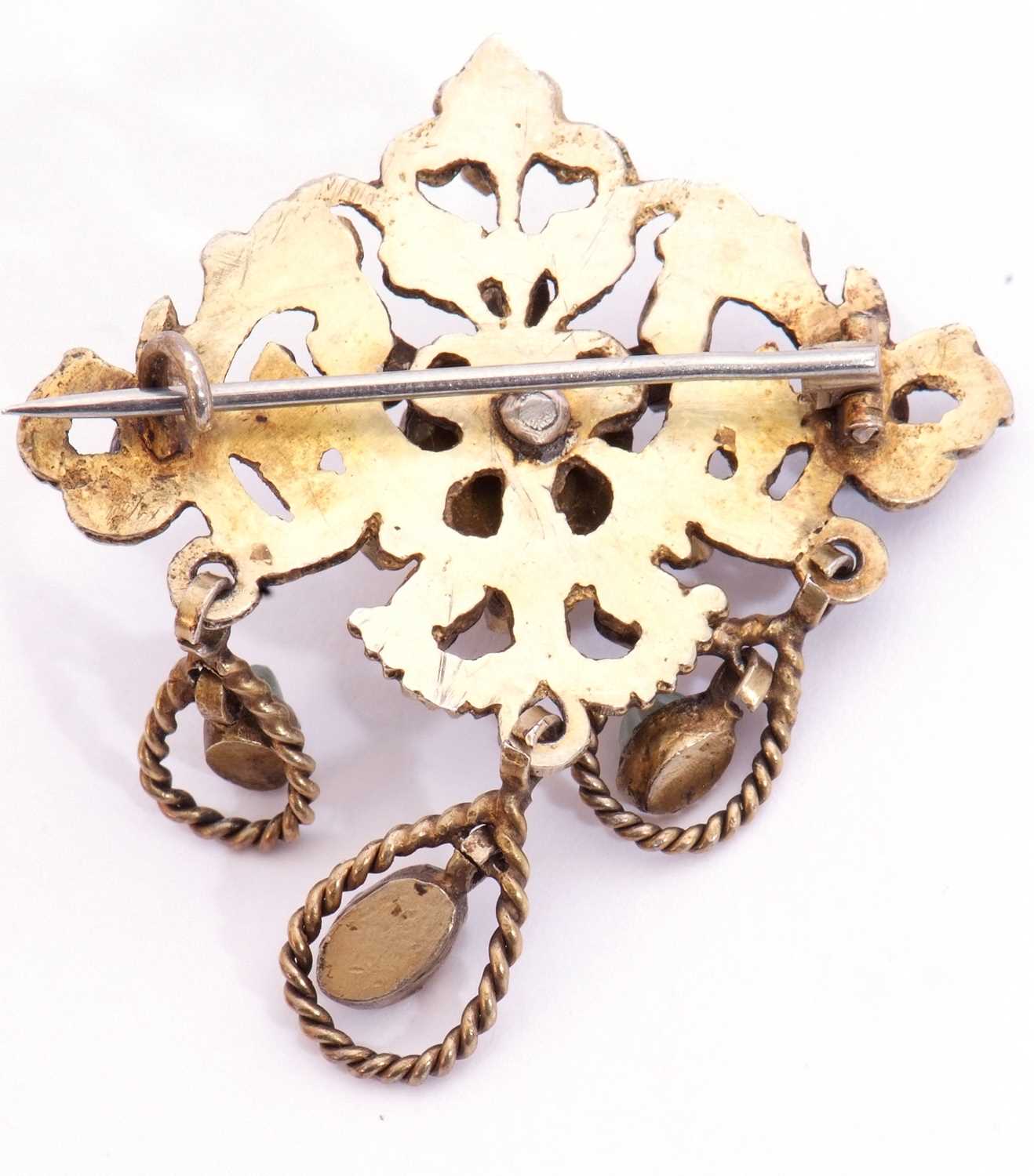 Austro-Hungarian open work brooch centring a baroque pearl and highlighted with small emeralds, - Image 2 of 2