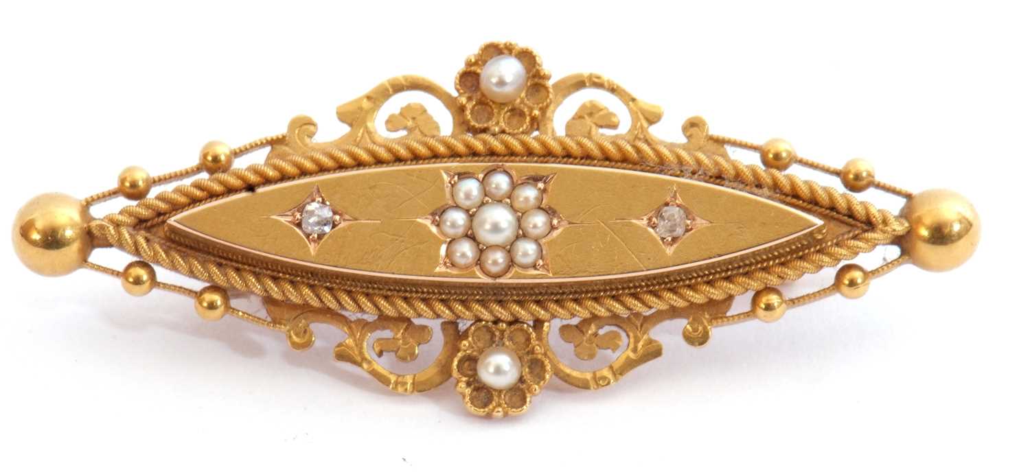 Antique 15ct stamped seed pearl and diamond brooch centring a graduated seed pearl flowerhead