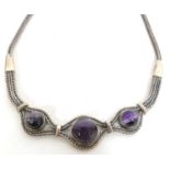 Modern 925 and Blue John set necklace featuring three round graduated cabochon Blue Johns all on a