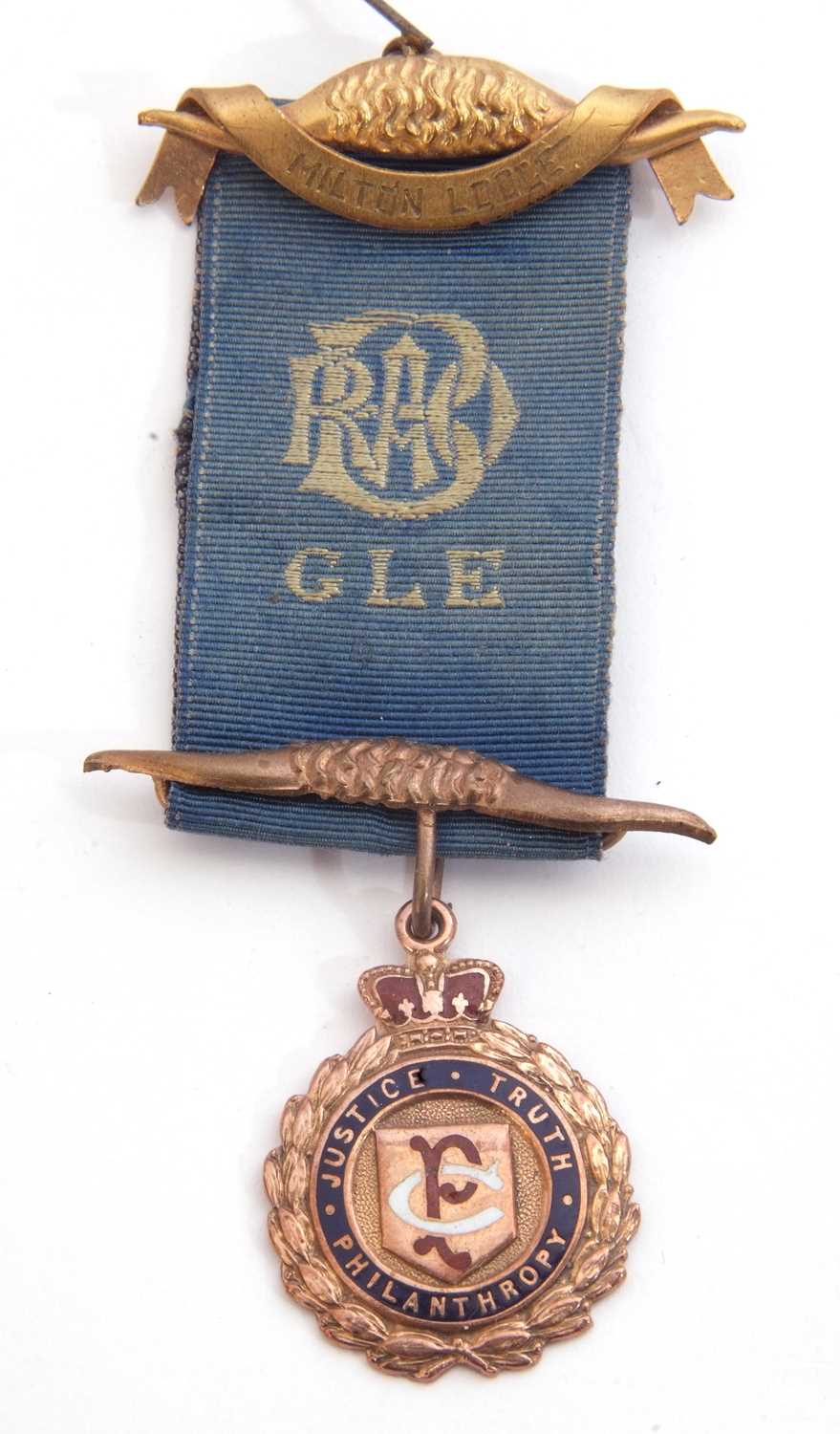 Vintage Masonic 9ct gold jewel 'Justice, Truth, Philanthropy', the ribbon marked with G.L.E.,