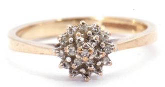 9ct gold and diamond cluster ring, a design having three tiers of small single cut diamonds, size