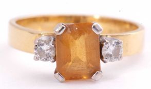 18ct gold citrine and diamond ring, the rectangular cognac citrine (chipped) between two brilliant