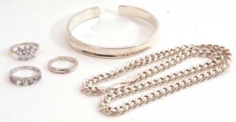 Mixed Lot: modern Italian white metal curb link necklace, marked 925, two 925 paste set rings,